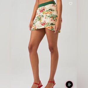 Rococo Sand Katy Mini Skirt XS Beige Green Fruit Floral Pleated Asymmetrical